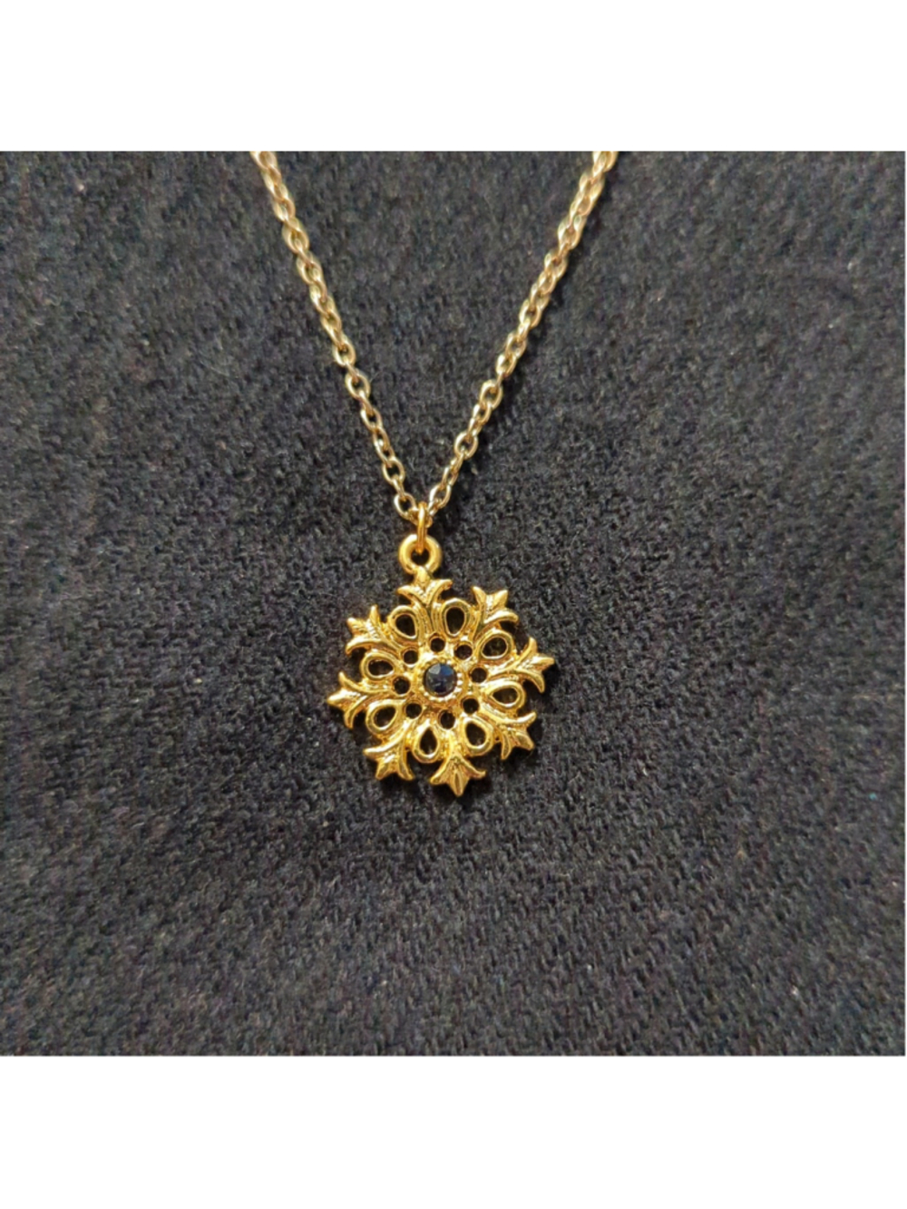 Gold Tone Black Rhinestone Snowflake Dainty Delicate Pendant Statement Necklace